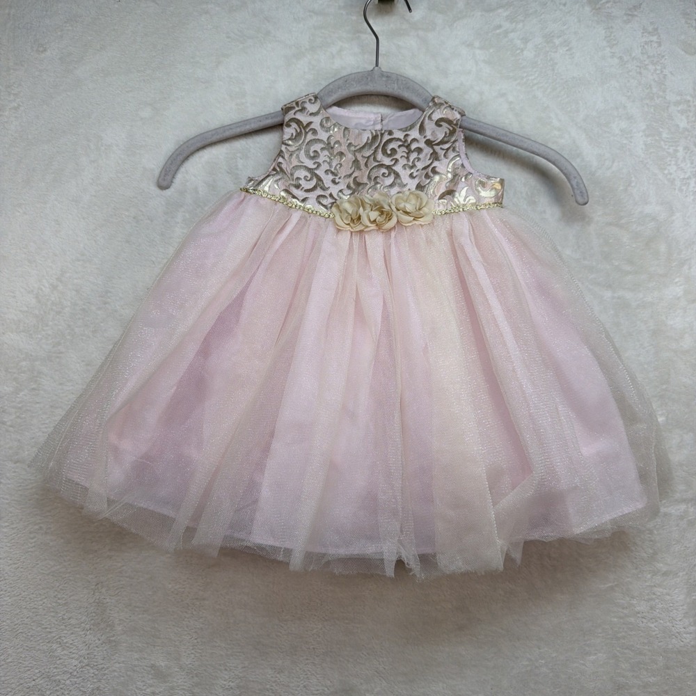 Marmellata Baby Girl Pink Tulle Flower‎ Girl Dress Gold Floral Wedding 6-9M